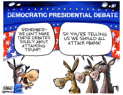 Political Cartoon U.S. Democrats debate Trump Obama
