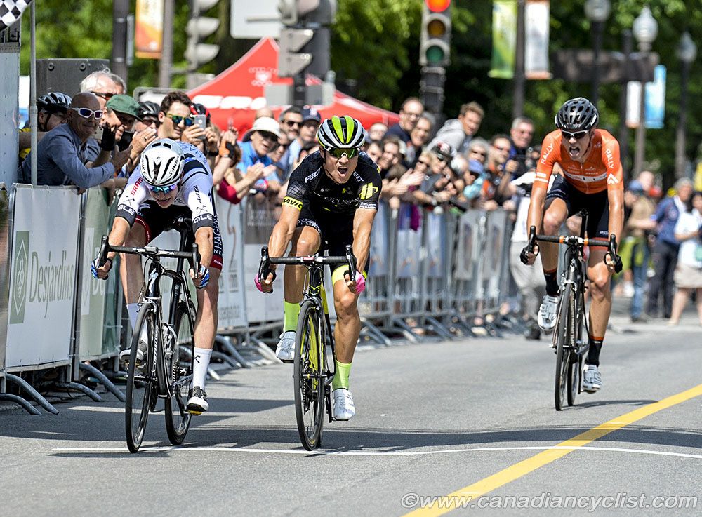 Ian Garrison (Axeon Hagens Berman) wins the sprint over Robin Carpenter (Holowesko / Citadel p/b Hincapie Sportswear)