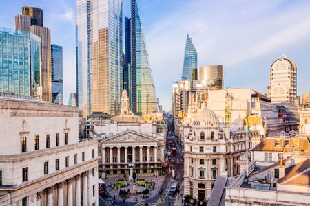 Royal Exchange building and skyscrapers of London city, high angle view, London, England, UK - stock photo