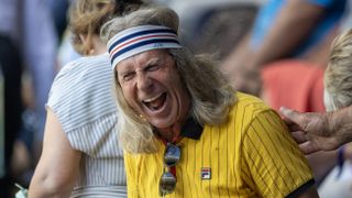 LONDON, ENGLAND - JULY 10: A fan dressed as Björn Borg in the stands during the Semi-Finals of the Ladies' Singles Competition on Centre Court during the Wimbledon Lawn Tennis Championships at the All England Lawn Tennis and Croquet Club at Wimbledon on July 10th, 2025, in London, England. (Photo by Tim Clayton/Getty Images)