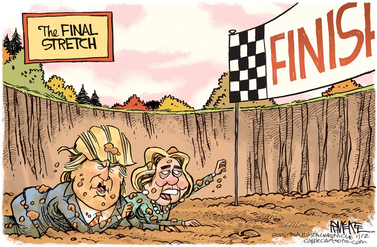 Political cartoon U.S. 2016 election Hillary Clinton Donald Trump final stretch