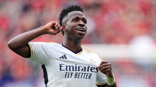  Vinicius Junior of Real Madrid celebrates ahead of the Borussia Dortmund vs Real Madrid Champions League Final 2024