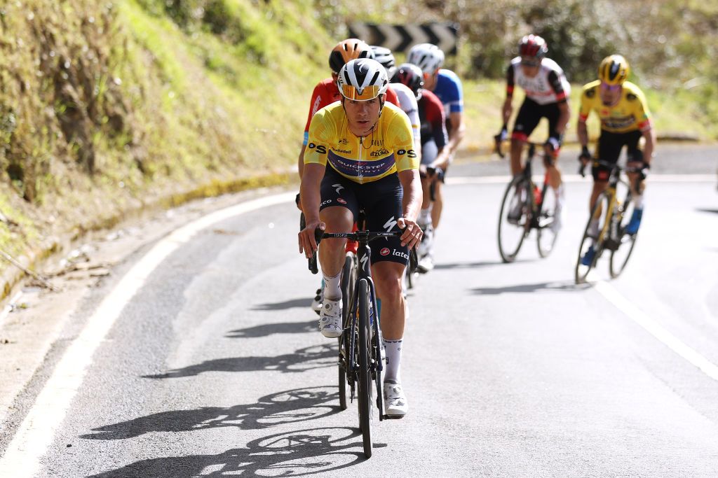 ARRATE SPAIN APRIL 09 Remco Evenepoel of Belgium and Team QuickStep Alpha Vinyl Yellow Leader Jersey competes in the breakaway during the 61st Itzulia Basque Country 2022 Stage 6 a 1357km stage from Eibar to Arrate itzulia WorldTour on April 09 2022 in Arrate Spain Photo by Gonzalo Arroyo MorenoGetty Images