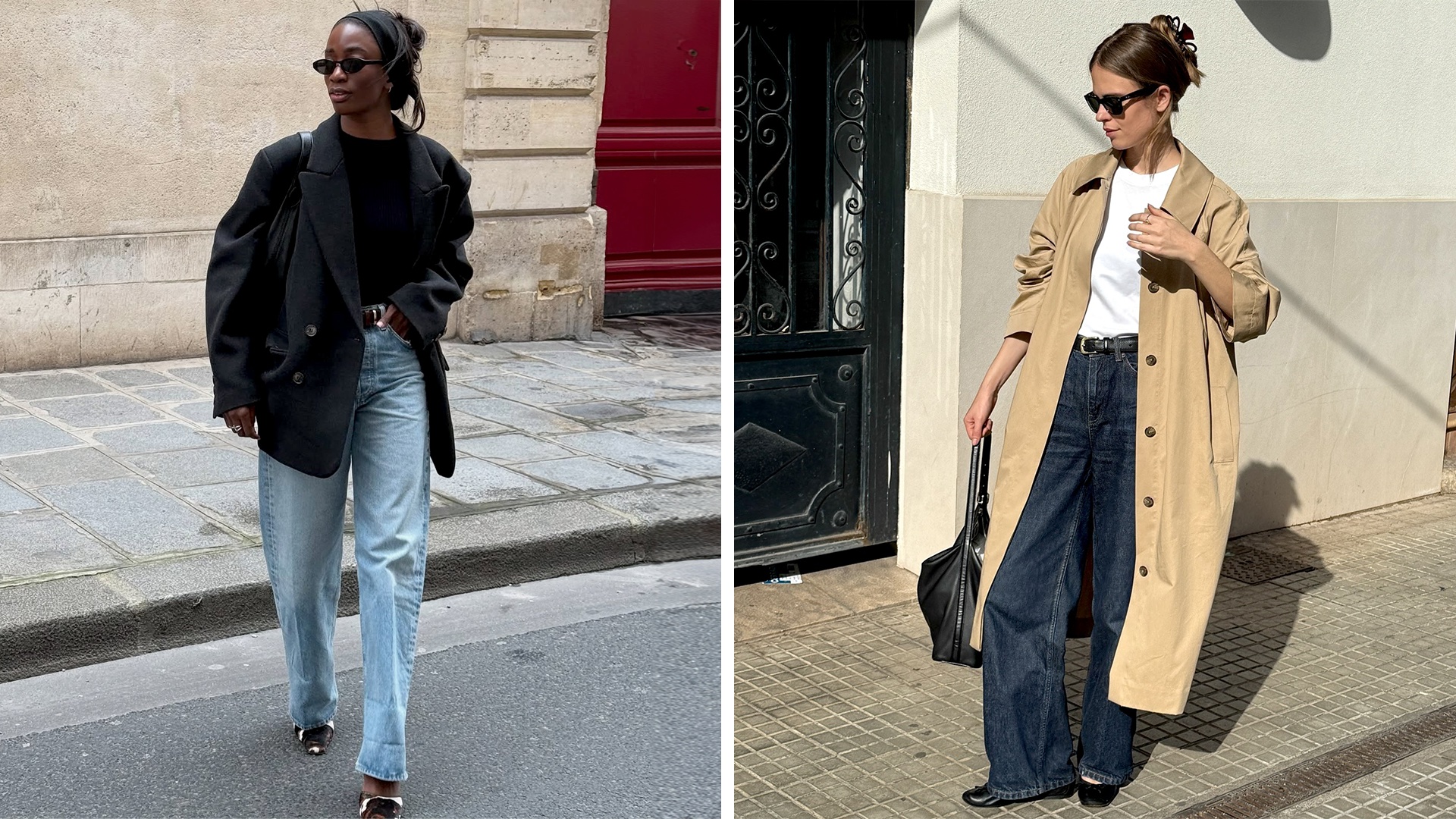 collage of European style influencers Liv Madeline and Clara Dyrhauge wearing fall 2025 outfits with trendy denim like barrel jeans and dark-wash jeans