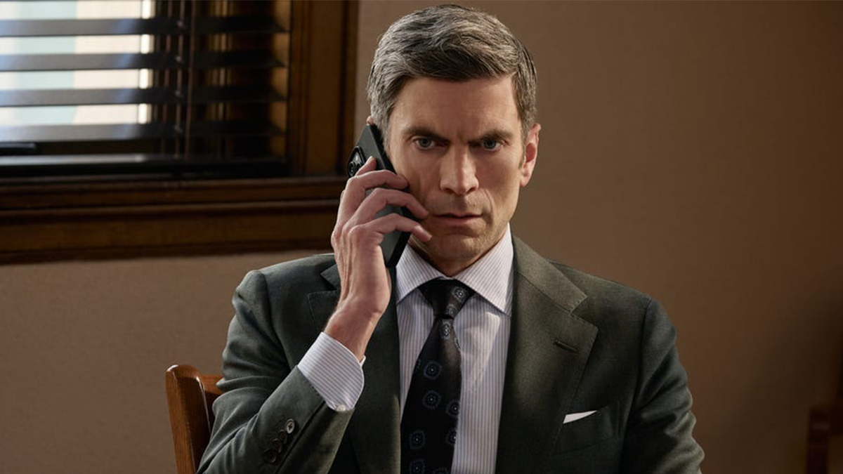 Wes Bentley as Jamie Dutton in Yellowstone Season 5 Part 2, holding an iPhone to his ear with a severe facial expression