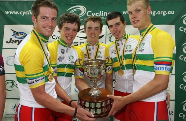 South Australia celebrate their win in the 4000m team pursuit with the Southcott Cup.