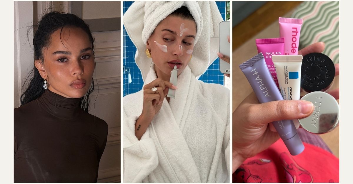 Zoe Kravitz with glossy lips, Hailey Bieber applying lip balm, selection of the best lip balms for dry lips