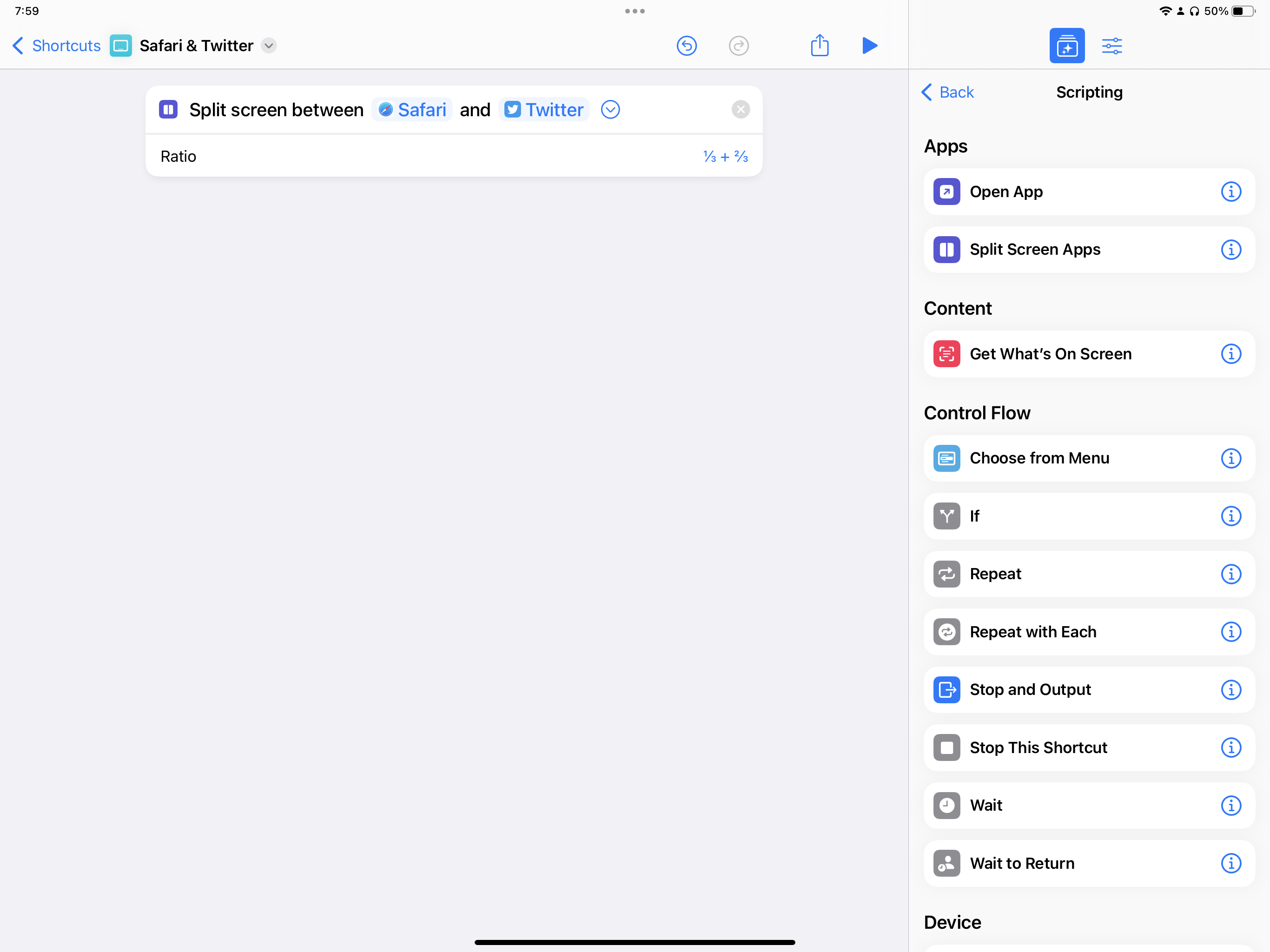Screenshot of the Split Screen Apps action in Shortcuts.