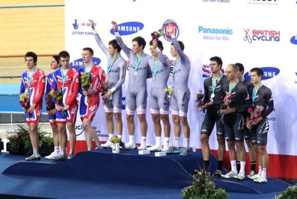 The Team pursuit podium &shy; GB, Australia and New Zealand
