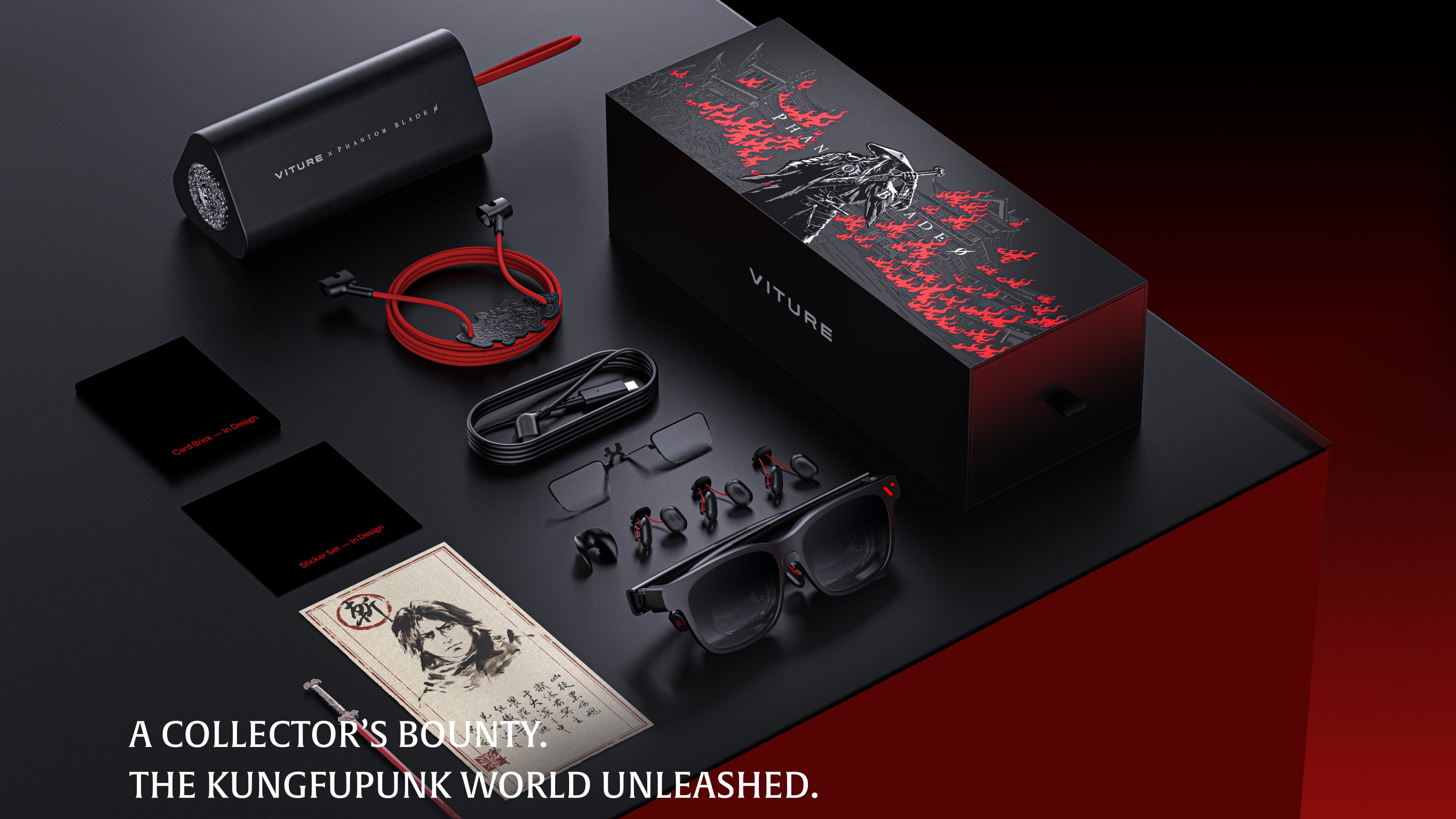 The Viture x S-Game collab features a red, black, and white-themed collector's edition box for the Phantom Beast XR glasses with a custom scroll map.