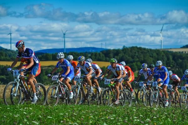 The lead portion of the men's peloton at the marathon World Championships in St. Wendel, Germany.