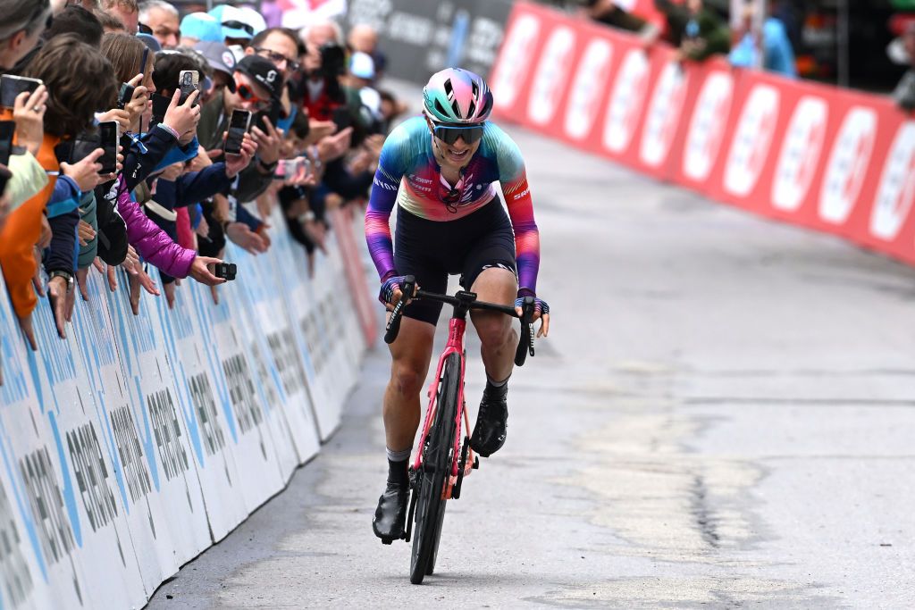 VILLARSSUROLLON SWITZERLAND JUNE 15 Elise Chabbey of Switzerland and Team CanyonSram Racingcrosses the finish line during the 4th Tour de Suisse Women 2024 Stage 1 a 586km stage from VillarssurOllon to VillarssurOllon 1249m UCIWWT on June 15 2024 in VillarssurOllon Switzerland Photo by Tim de WaeleGetty Images