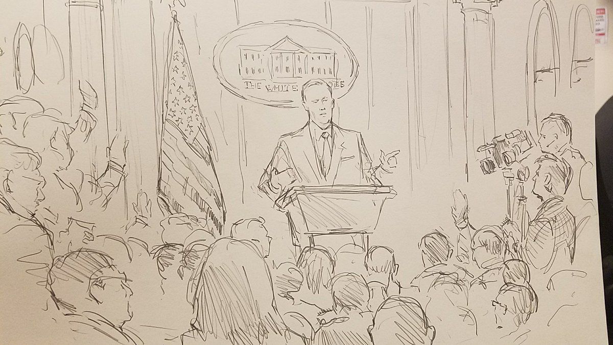 Sketch of Sean Spicer at press briefing.