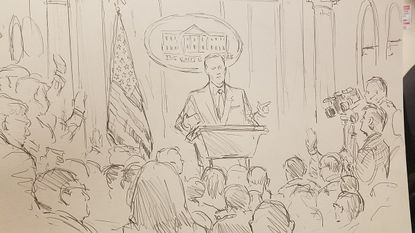 Sketch of Sean Spicer at press briefing.