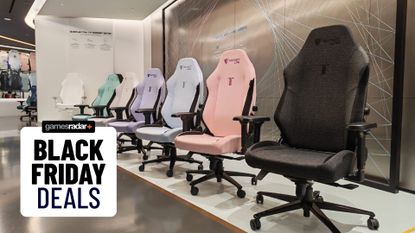 A display of softweave Secretlab Titan Evo chairs with a Black Friday Deals stamp on the bottom left corner