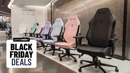 A display of softweave Secretlab Titan Evo chairs with a Black Friday Deals stamp on the bottom left corner