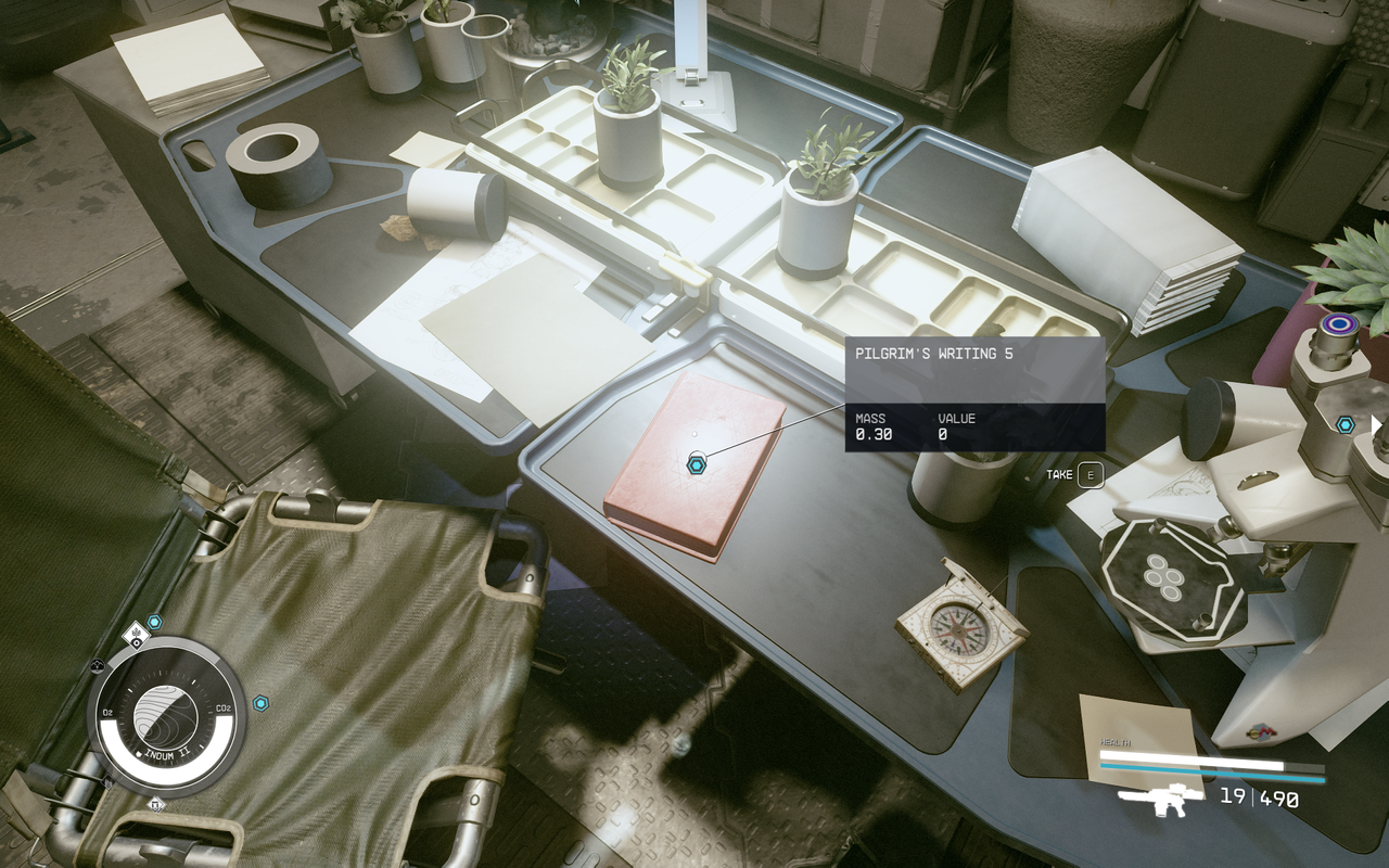 the pilgrim's book on a desk in Starfield