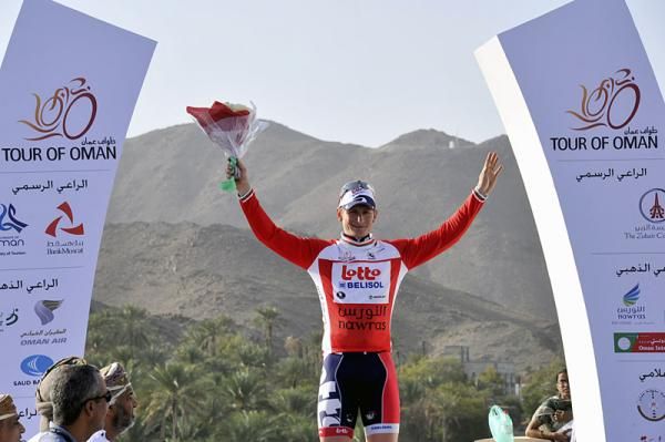 Andr&eacute; Greipel (Lotto Belisol) in the leader's jersey after stage 1 in Oman.