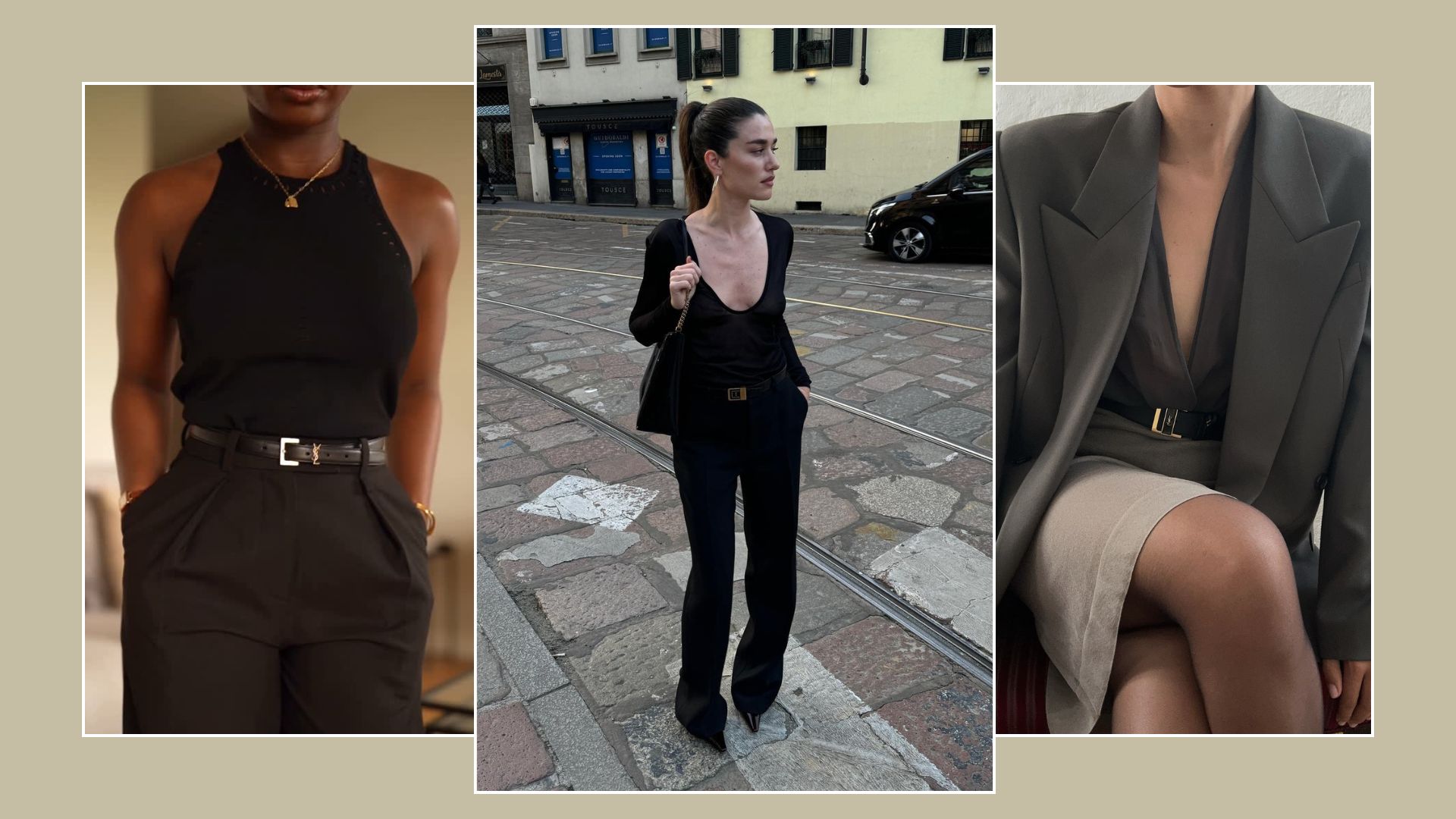 Three women wear the Saint Laurent Cassandre belt 