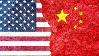 American and China Flag over cracked wall , relationship concept