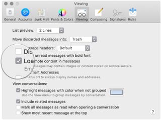 How to disable image loading in Apple Mail on Mac by showing steps: Click on Viewing, uncheck load remote content in messages