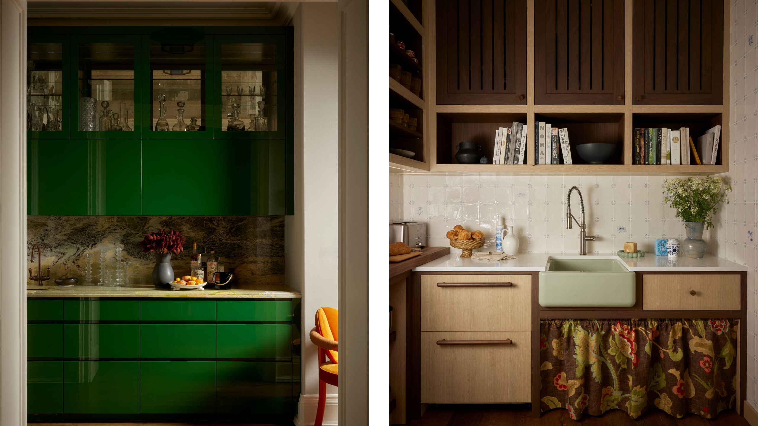 two side by side images of pantry spaces - one with gloss green cabinetry and bar storage and the other with dark wooden cabinetry, a green sink and cafe curtain
