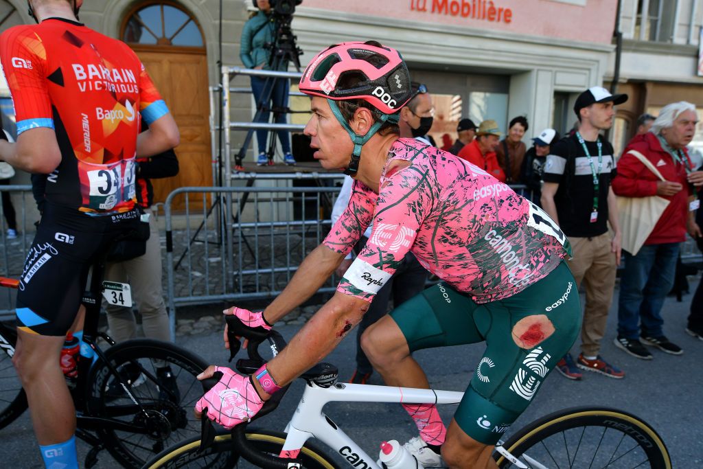 ROMONT SWITZERLAND APRIL 27 Rigoberto Uran Uran of Colombia and Team EF Education Easypost reacts after cross the finishing line after his crash in the 75th Tour De Romandie 2022 Stage 1 a 178km stage from La Grande Beroche to Romont 777m TDR2022 on April 27 2022 in Romont Switzerland Photo by Dario BelingheriGetty Images