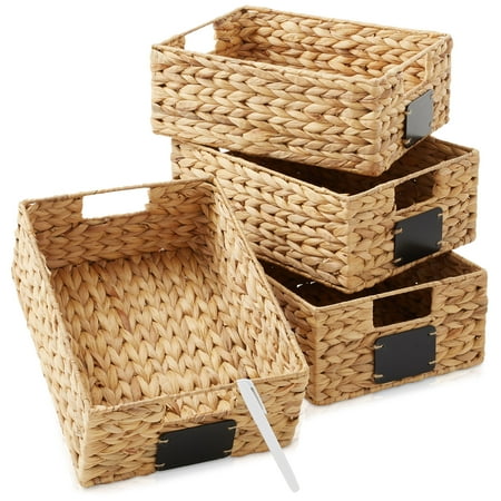 Casafield (set of 4) Water Hyacinth 10&quot;x13&quot;x5&quot; Pantry Baskets W/ Chalkboard Labels and Marker - Natural, Woven Storage Bins for Kitchen Shelves