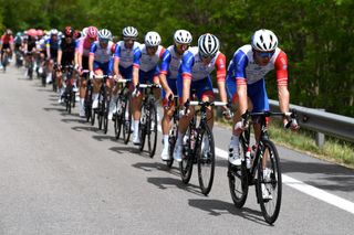 GUARDIA SANFRAMONDI ITALY MAY 15 Antoine Duchesne of Canada and Team Groupama FDJ leads his Teammates during the 104th Giro dItalia 2021 Stage 8 a 170km stage from Foggia to Guardia Sanframondi 455m girodiitalia Giro UCIworldtour on May 15 2021 in Guardia Sanframondi Italy Photo by Tim de WaeleGetty Images