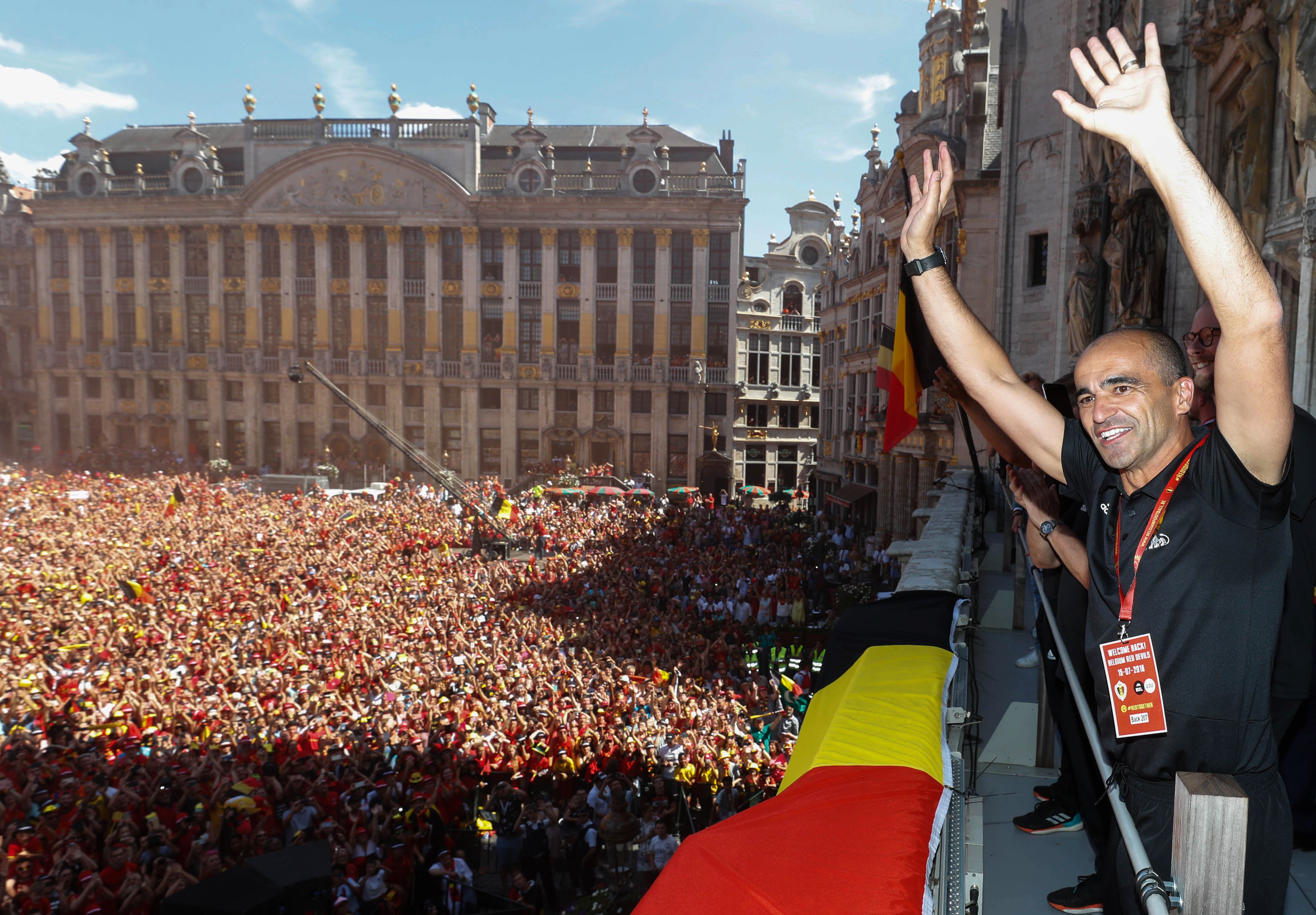 Roberto Martinez salutes fans in Brussels in July 2018 after leading Belgium to third place at the 2018 World Cup in Russia.