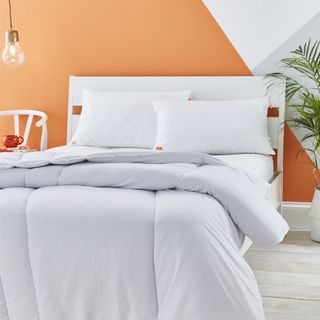 bedroom with orange and white wall with bed