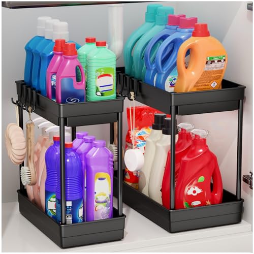 Purkeep 2 Pack Under Sink Storage - 2 Tier Kitchen Storage and Organisation Cupboard Organiser, Under Sink Shelf, Under Cabinet Organizer With Hooks, for Bathroom Kitchen Countertop, 2 Size 1l+1m
