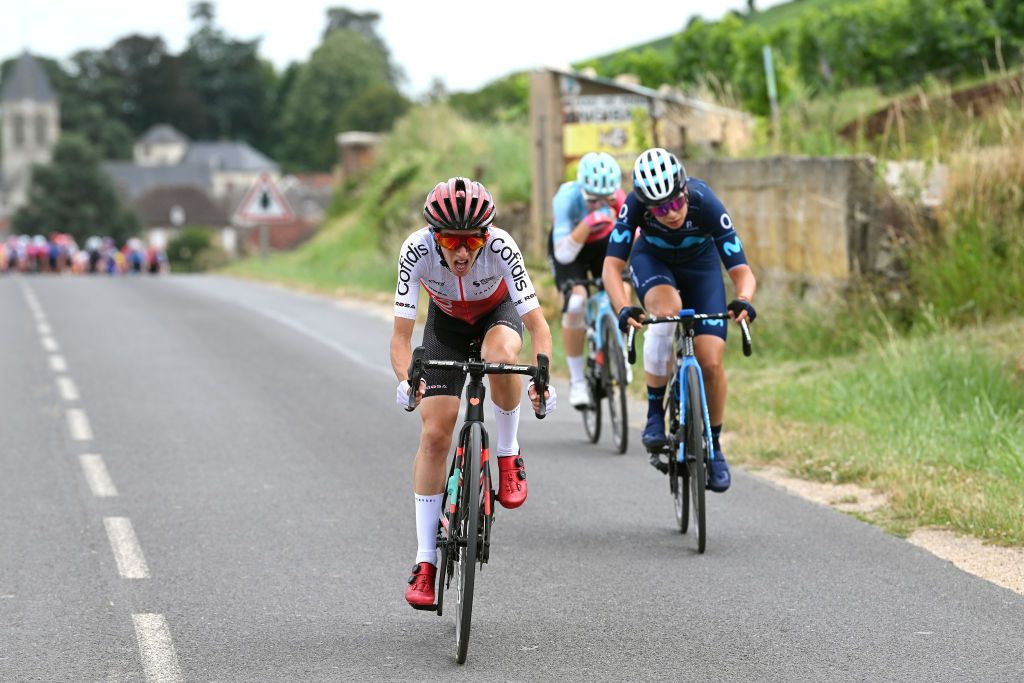 EPERNAY FRANCE JULY 26 Sandra Levenez of France and Team Cofidis Fminin competes in the breakaway during the 1st Tour de France Femmes 2022 Stage 3 a 1336km stage from Reims to pernay TDFF UCIWWT on July 26 2022 in Epernay France Photo by Dario BelingheriGetty Images