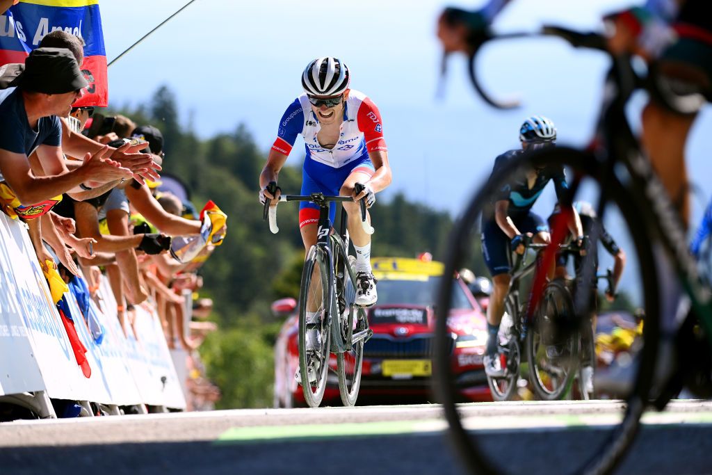 PLANCHE DES BELLES FILLES FRANCE JULY 08 David Gaudu of France and Team Groupama FDJ crosses the finish line during the 109th Tour de France 2022 Stage 7 a 1763km stage from Tomblaine to La Super Planche des Belles Filles 1141m TDF2022 WorldTour on July 08 2022 in Planche des Belles Filles France Photo by Tim de WaeleGetty Images