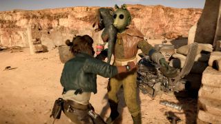 Star Wars Outlaws: Kay and Nix fighting.