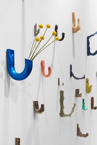 Hooks on wall, part of 'Martino Gamper: I am many Moods' at Anton Kern Gallery