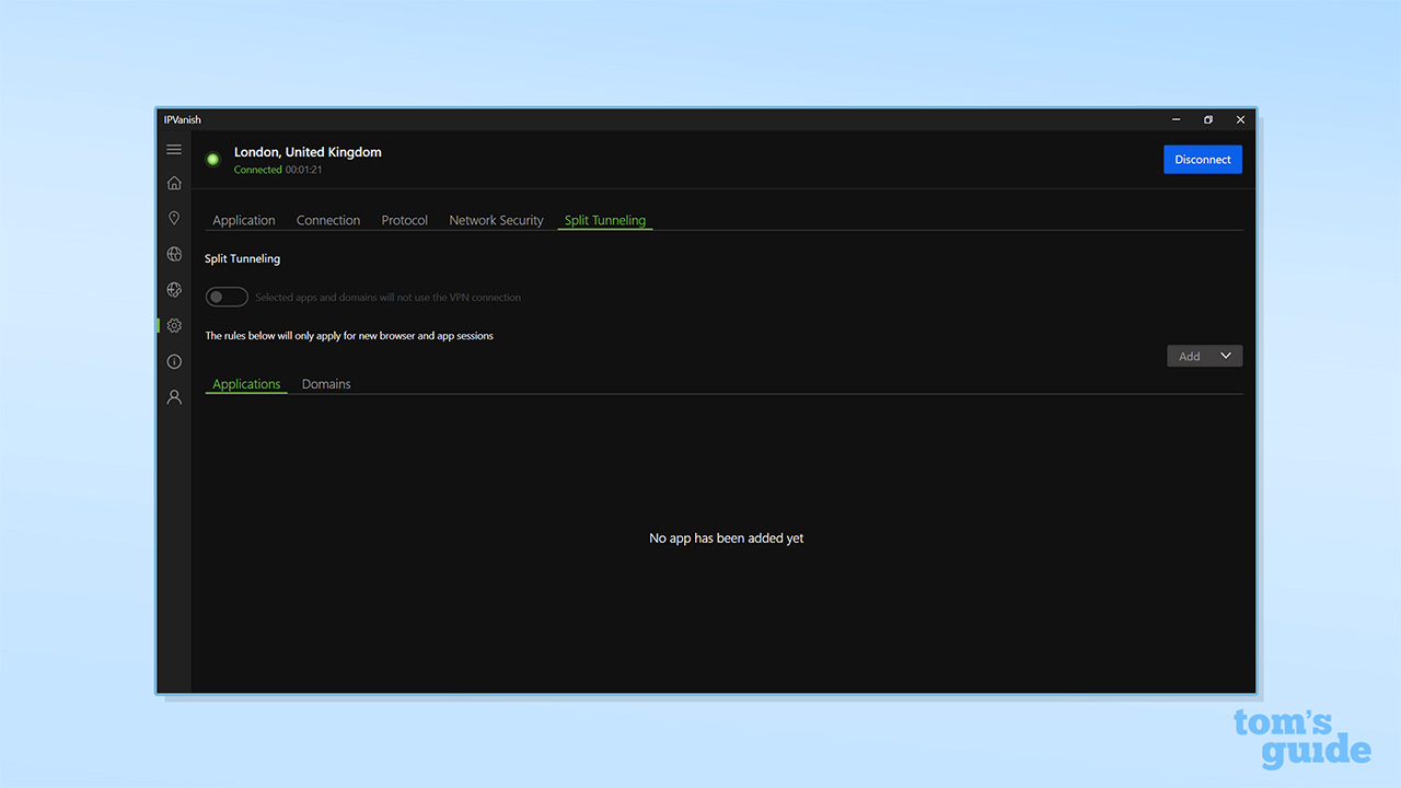 IPVanish's split tunneling settings on its Windows app
