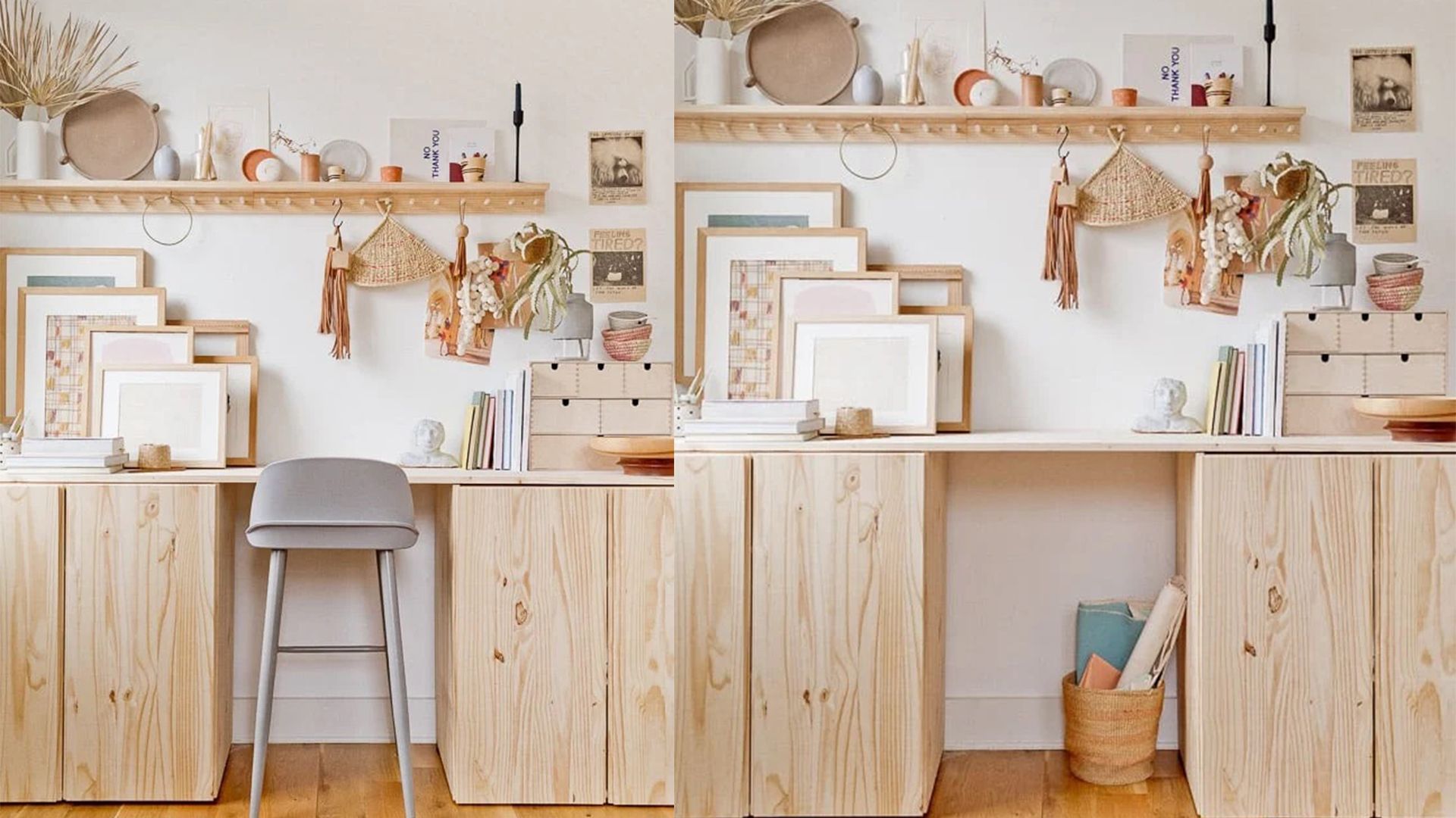 rustic wooden standing desk with scandi styling and accessories