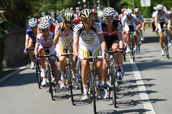 The local rider Noemi Cantele (HTC - Columbia Women) leads the group.