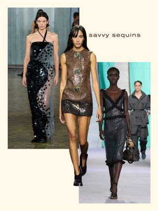 A women wears a black and see-through sequin dress; a woman wears a black leather jacket and silver sequin dress; a woman wears a gold halter sequin dress with black heels.