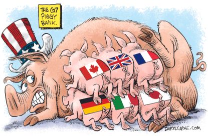 Political cartoon U.S. G7 money economics tariffs
