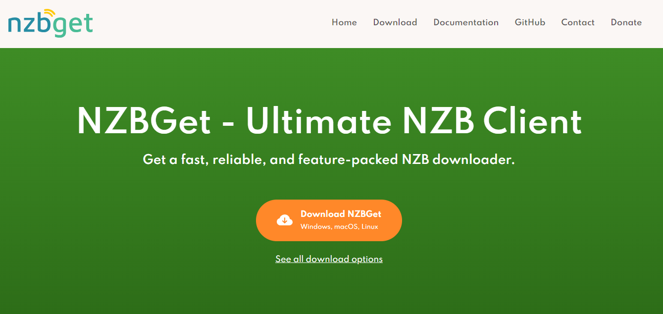 Captura de pantalla del sitio web NZBGet.