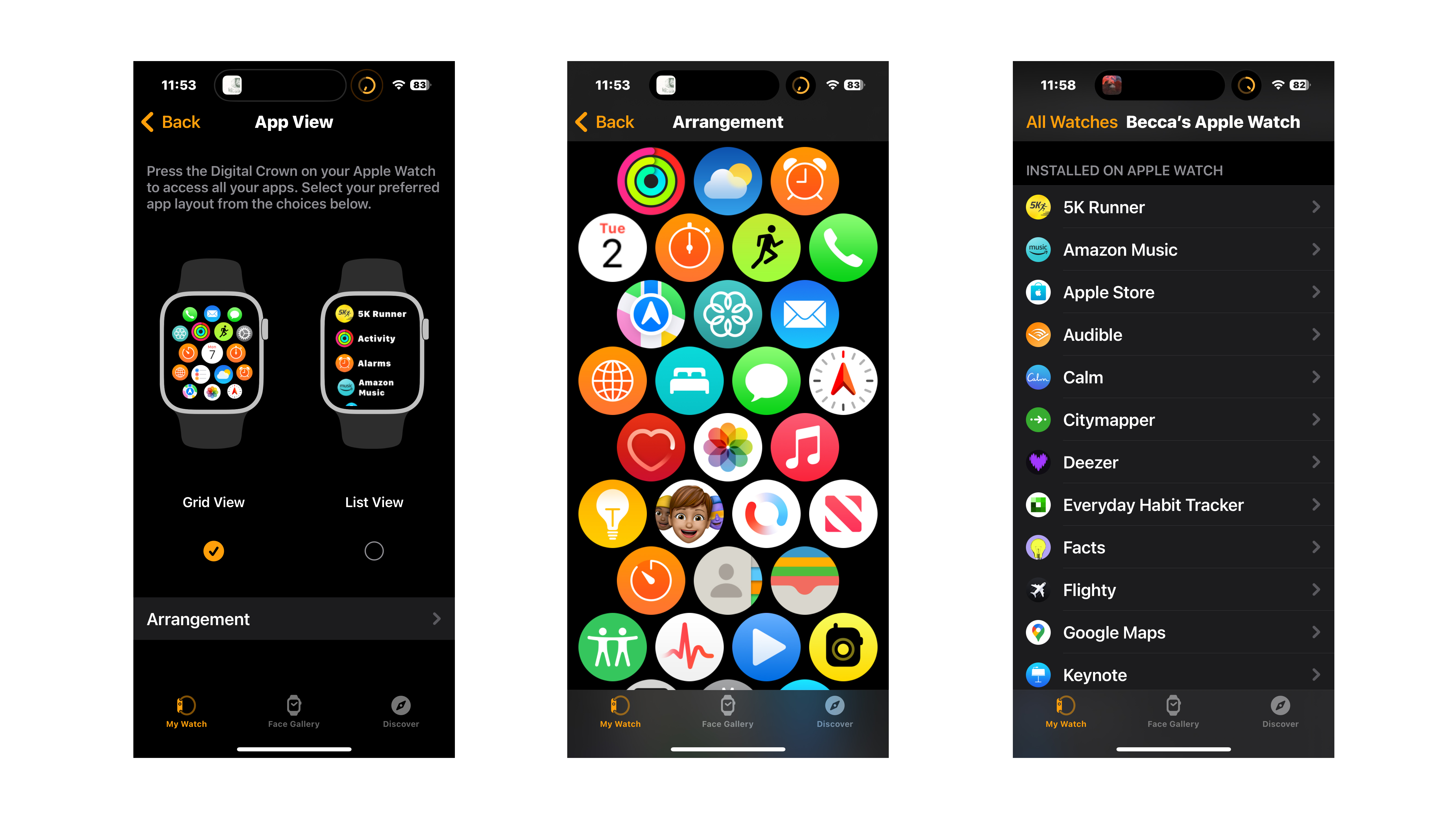 iPhone screenshots of the Apple Watch customisation screen.