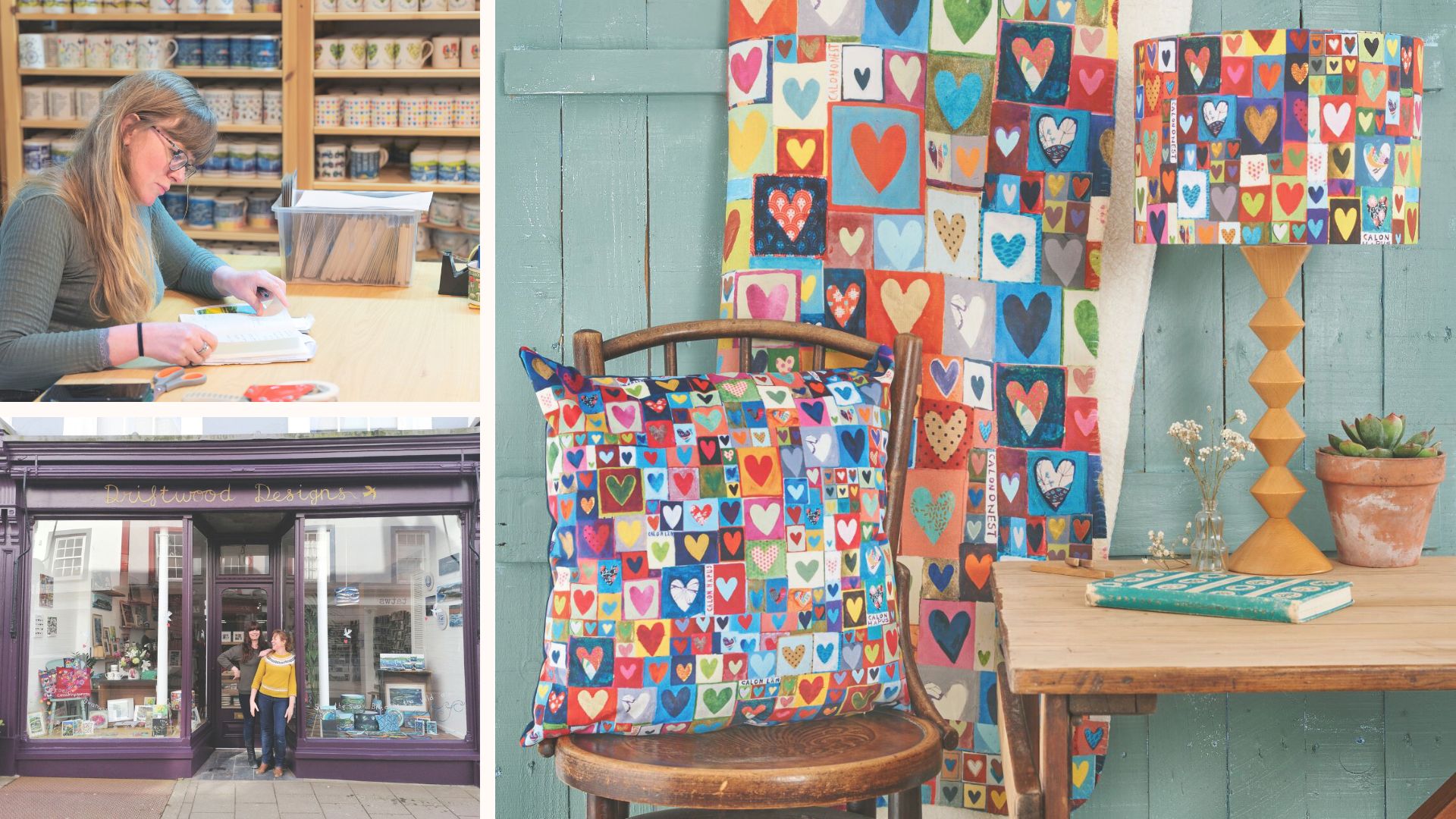 Collage image of Driftwood Designs shop, designer drawing and accessories decorated in heart prints