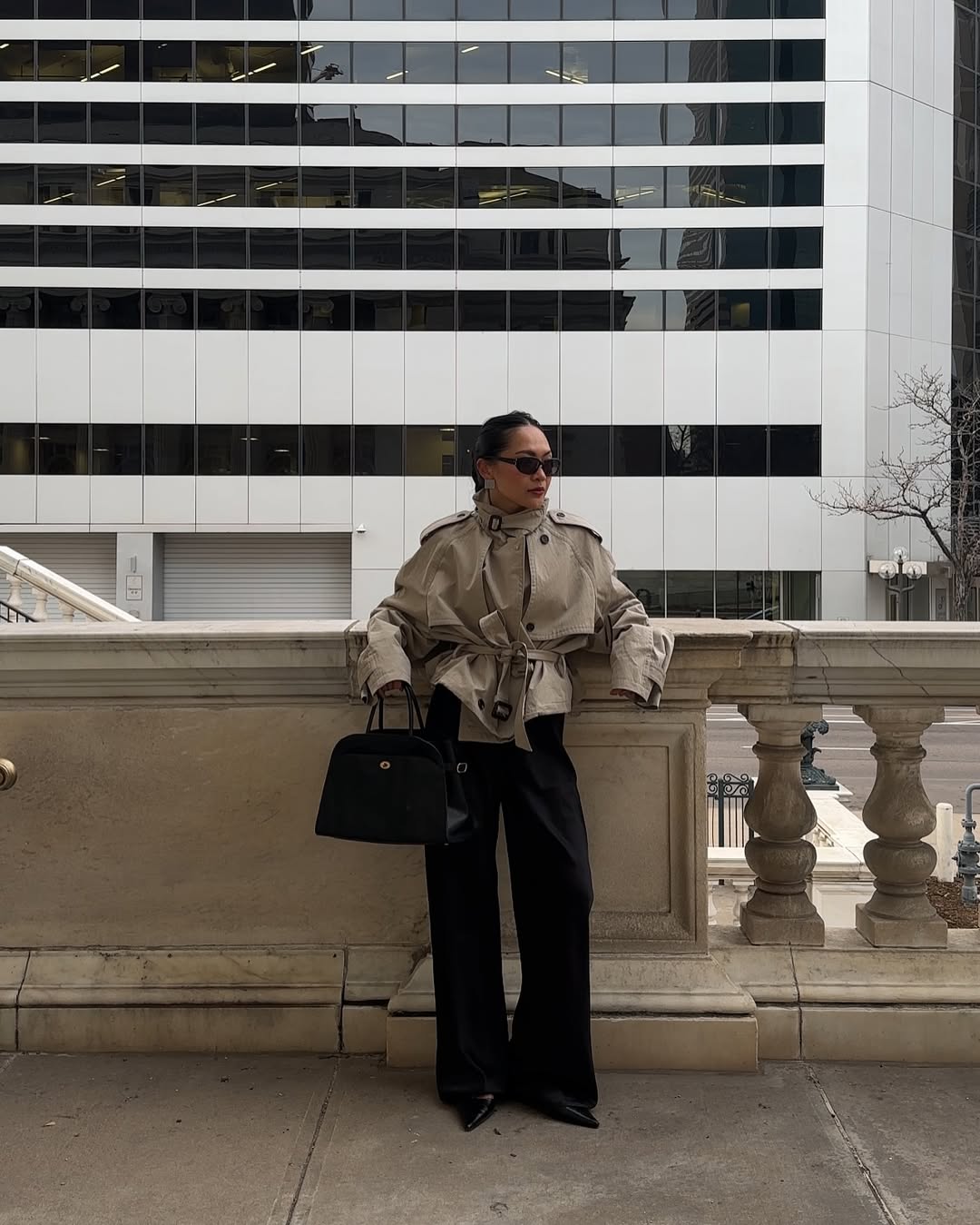@dawn.tan wearing trousers, jacket and pointed toe heels
