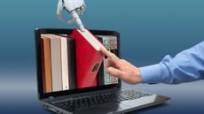 An laptop with books on the screen