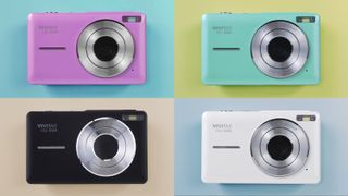 Vivitar Popsnap compact digital camera against a colorful background