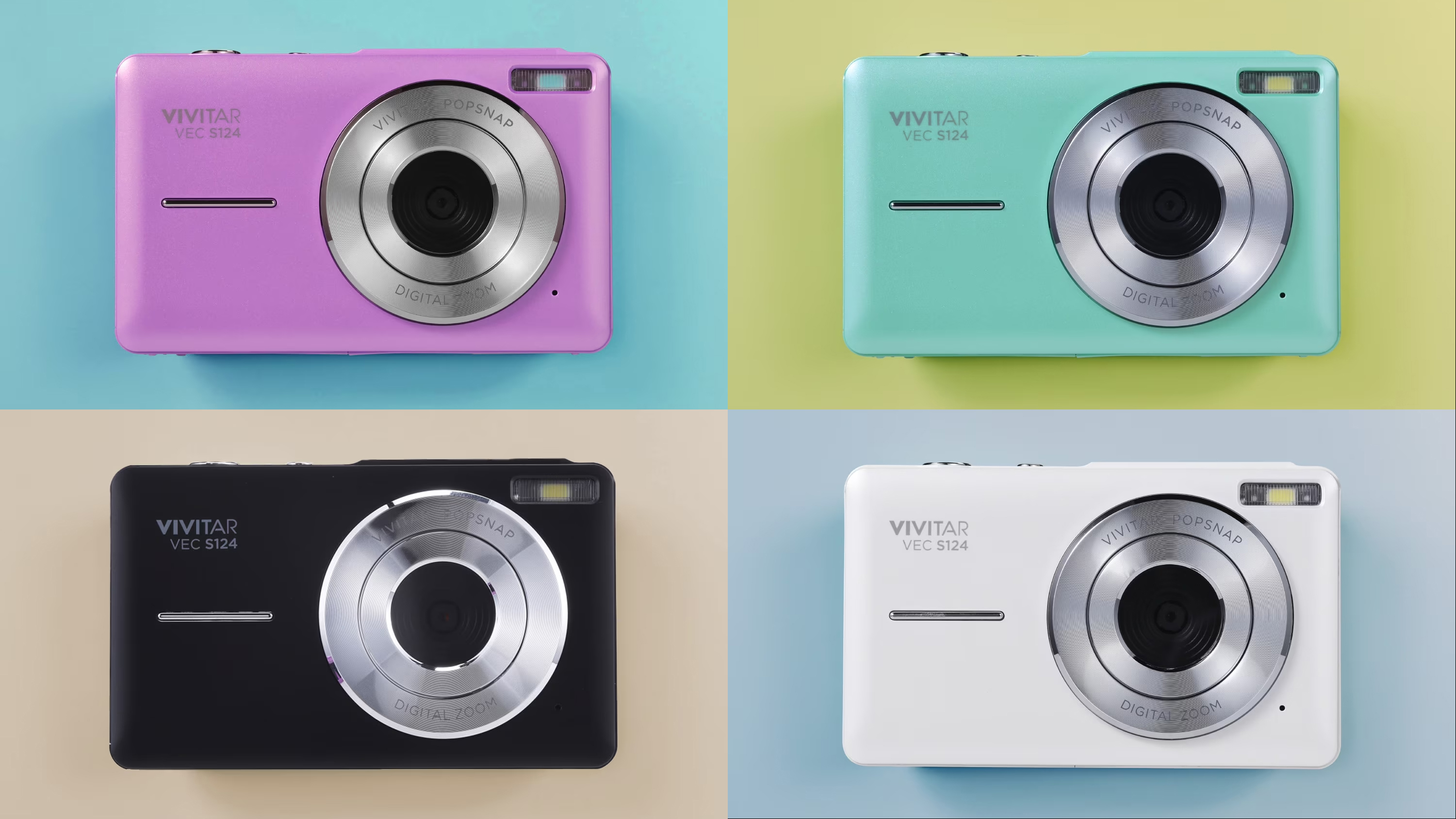 Vivitar Popsnap compact digital camera against a colorful background