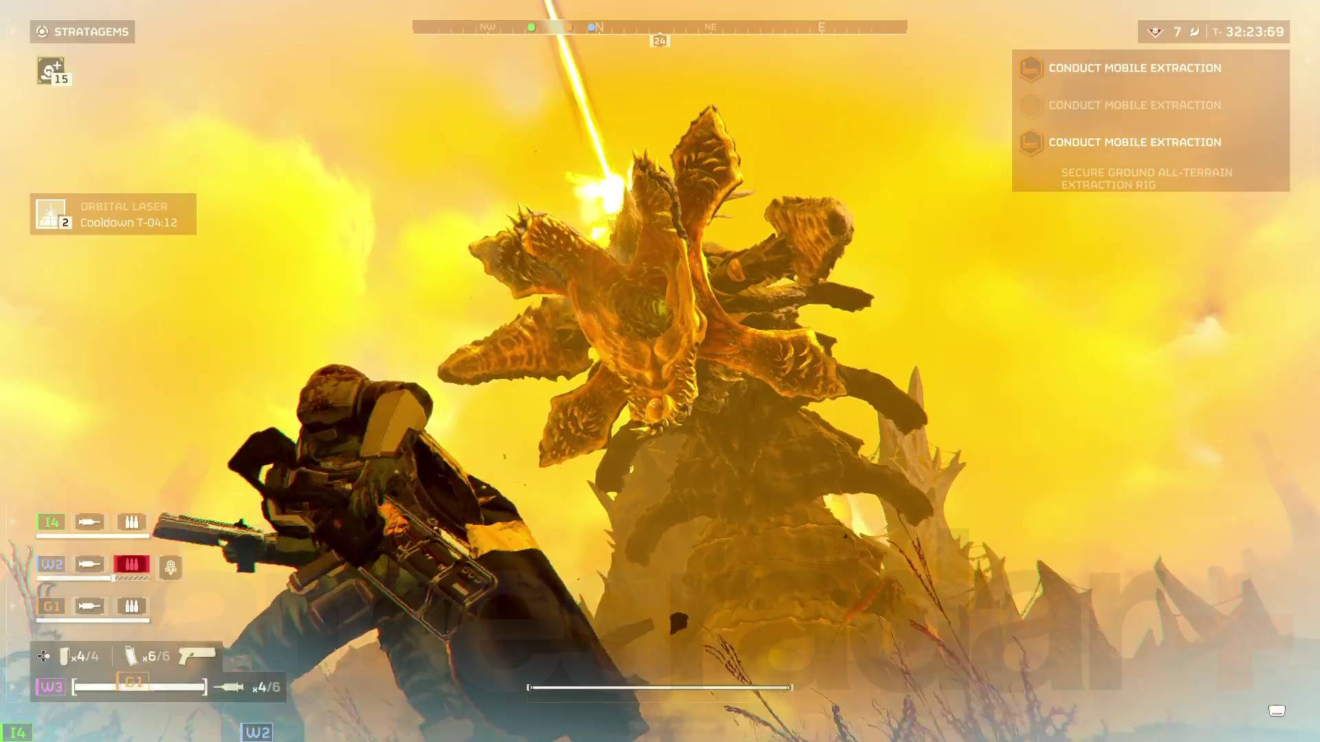 Helldivers 2 Hive Lord getting hit with orbital laser stratagem