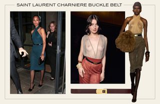 a collage of runway, celebrity, and product imagery highlighting the Saint Laurent Glossed-Leather Belt